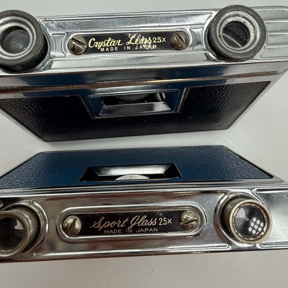 Vintage Kron and Deville Folding Opera Glasses Set Blue and Black Chrome Binocs